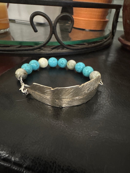 Bracelet - Vintage Silverware Feather with Stone Beads