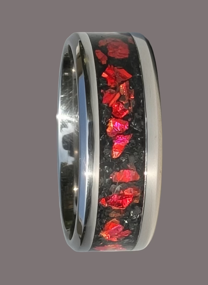 Stainless Steel Ring with Red Opal layered on Gun Metal Stone Powder