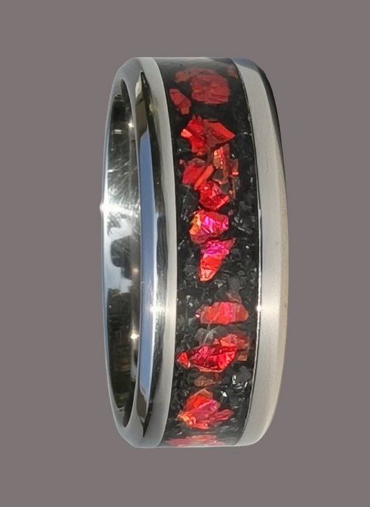 Stainless Steel Ring with Red Opal layered on Gun Metal Stone Powder